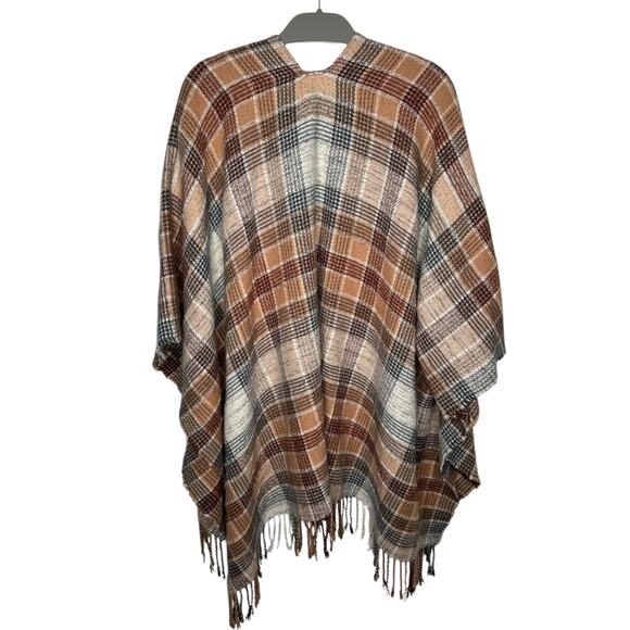 Universal Thread Womens OSFM Plaid Fringe Poncho Wrap‎ Orange Brown Cream Boho - Picture 5 of 9